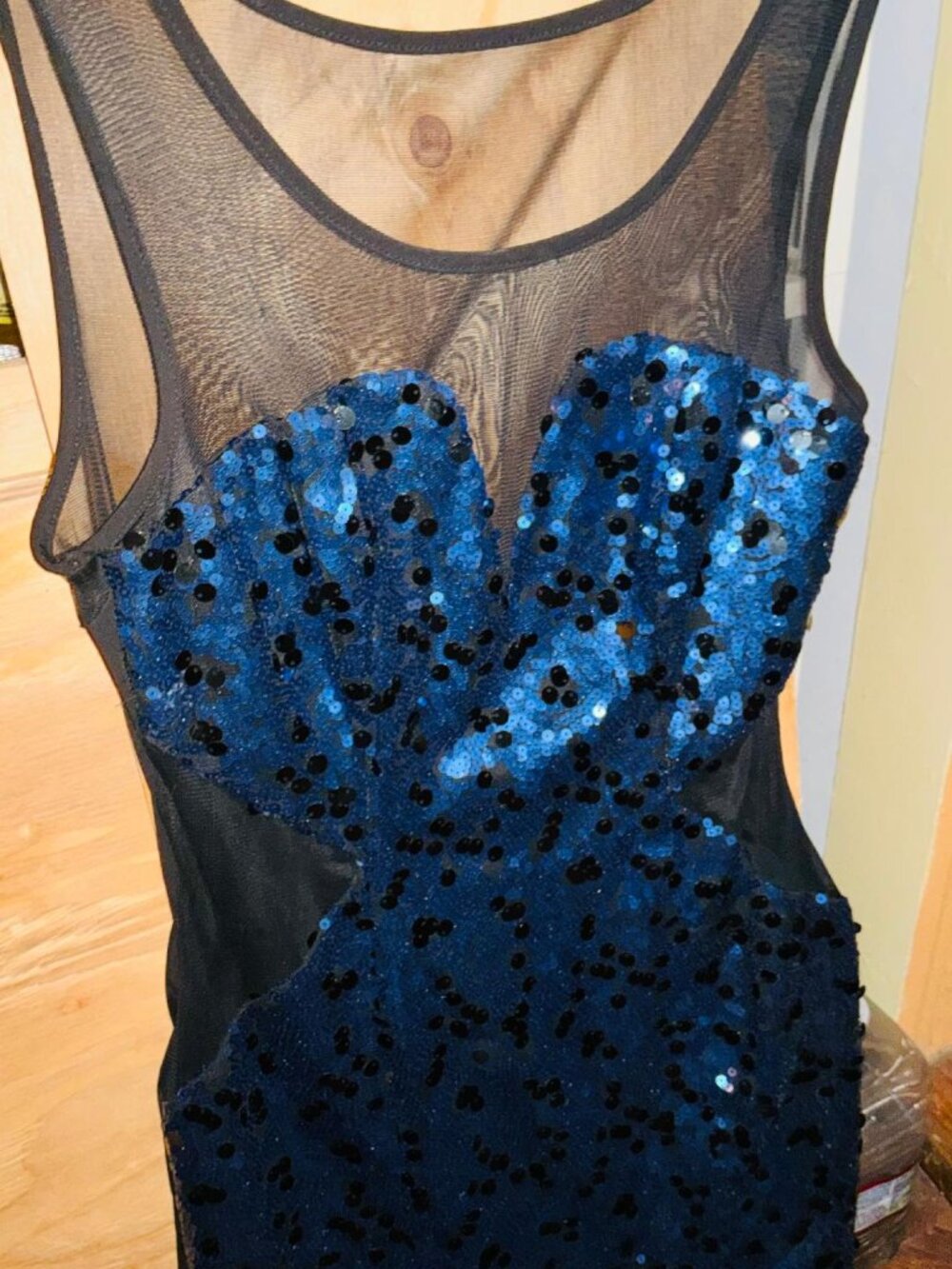 Blue sequined mini dress with stretch mesh